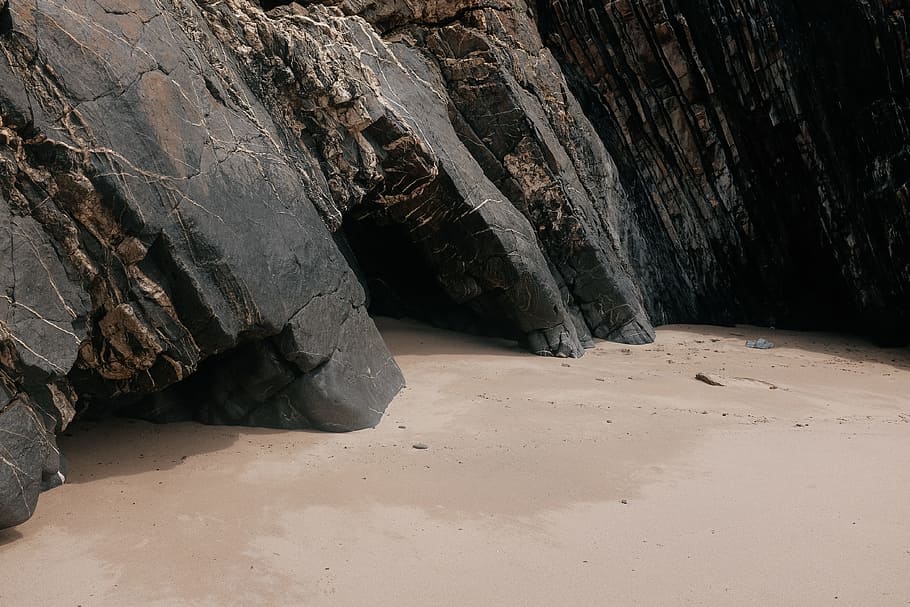gray rock formation, cliff, sand, erosion, beach, nature, outdoors HD wallpaper