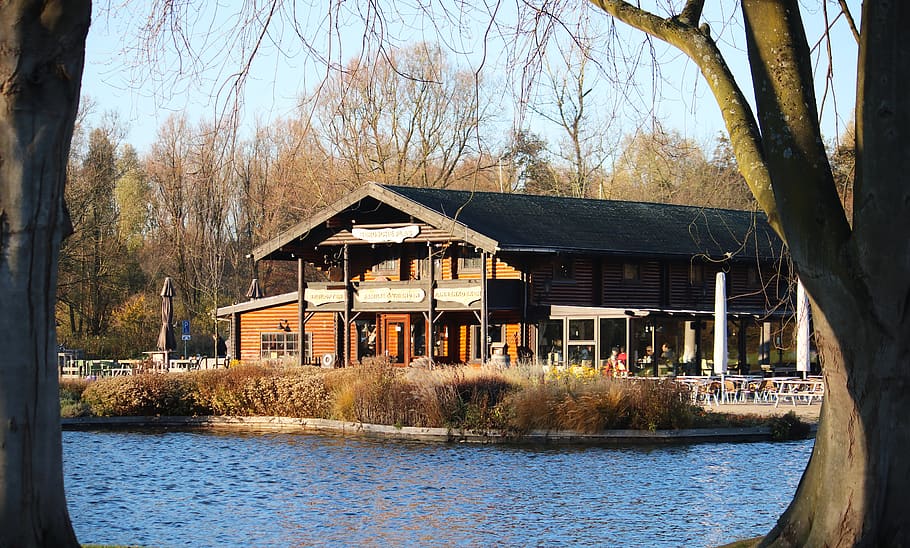 lake house, restaurant, architecture, building, water, forest, HD wallpaper