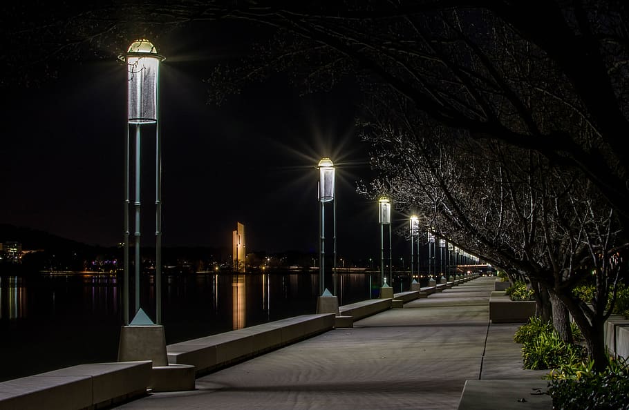 boardwalk, lights, lake, night, reflection, outdoor, scenic HD wallpaper