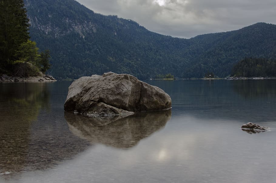 rock, stone, boulders, eibsee, lake, brine, water, landscape HD wallpaper