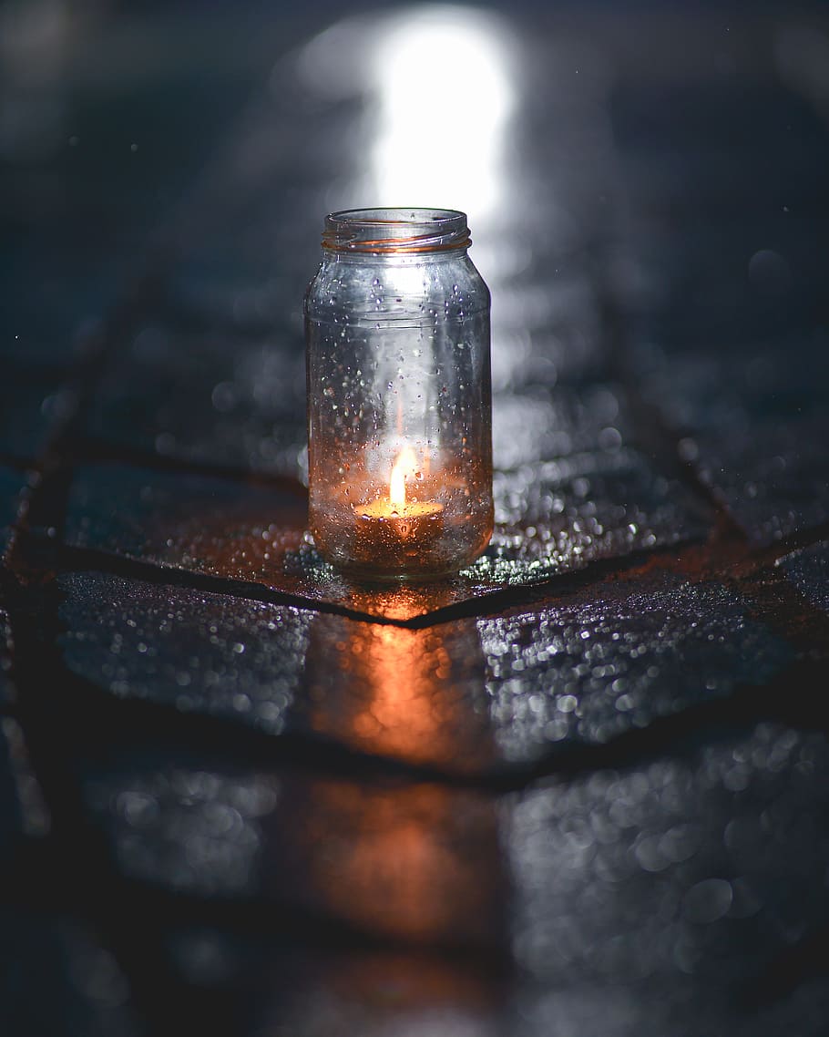tealight candle in clear glass jar, composition, candlestick HD wallpaper
