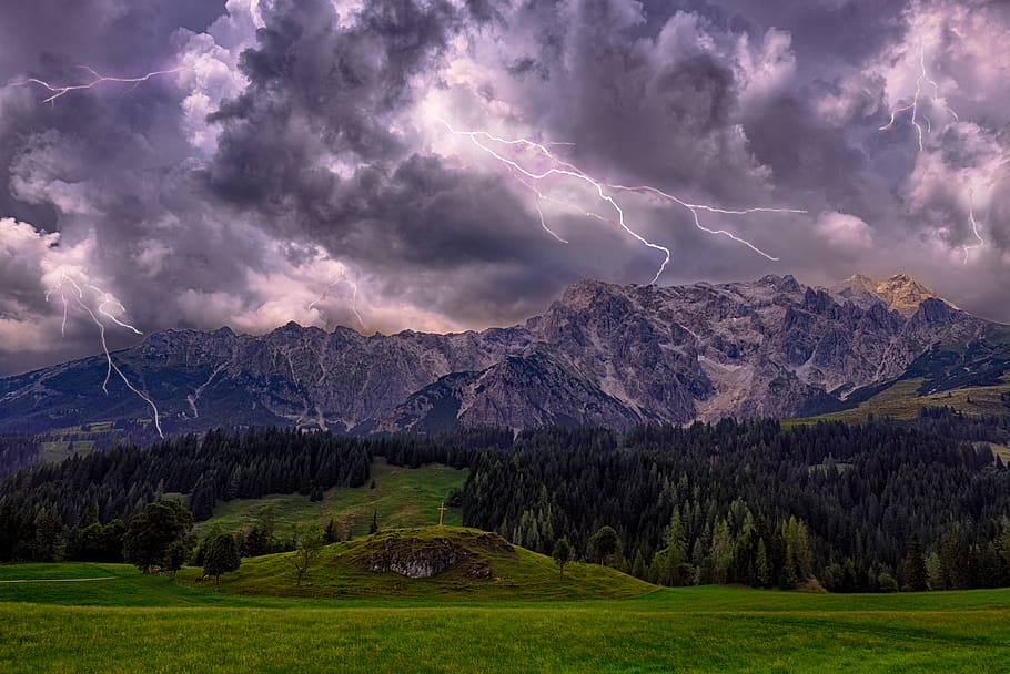 thunderstorm, flash, clouds, sky, threatening, mountains, alpine HD wallpaper