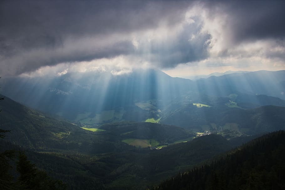 sunbeam, valley, landscape, sunlight, mountains, nature, alpine HD wallpaper