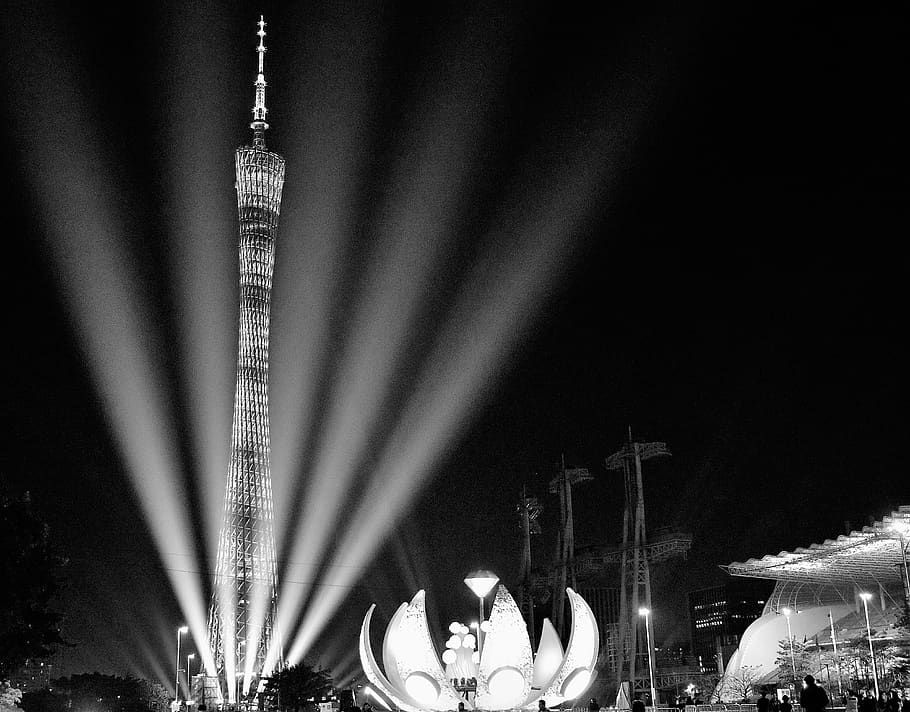 china, guangzhou, canton tower, light, night, illuminated, crowd, HD wallpaper