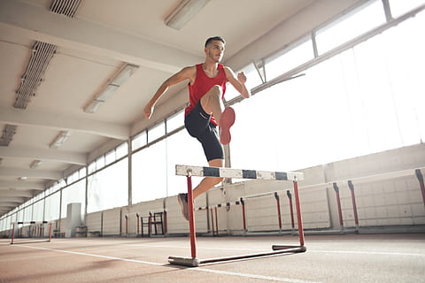 Man In Red Tank Top Jumping, agility, athlete, energy, exercise HD wallpaper