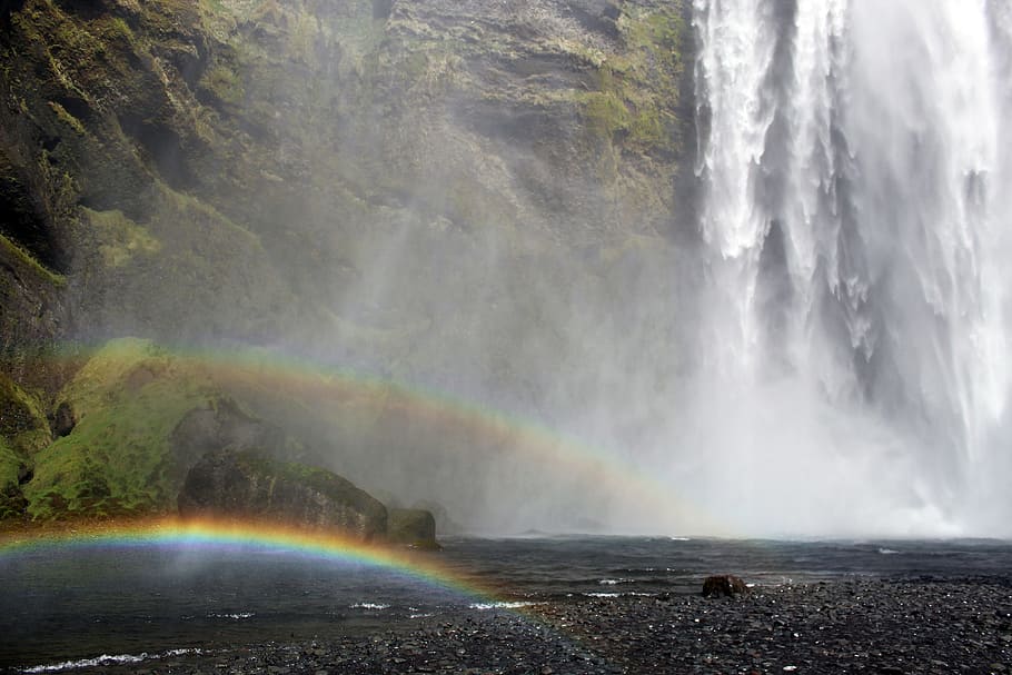 photography of rainbow and waterfalls during daytime, double rainbow HD wallpaper