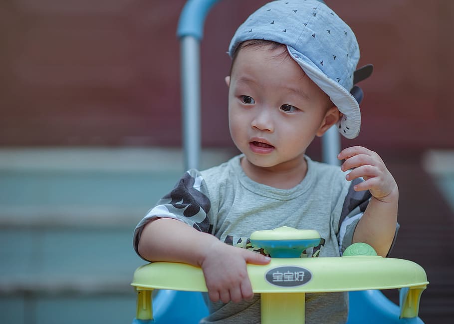 Boy Sitting on Yellow and Blue Trike, adorable, Asian, baby, bike