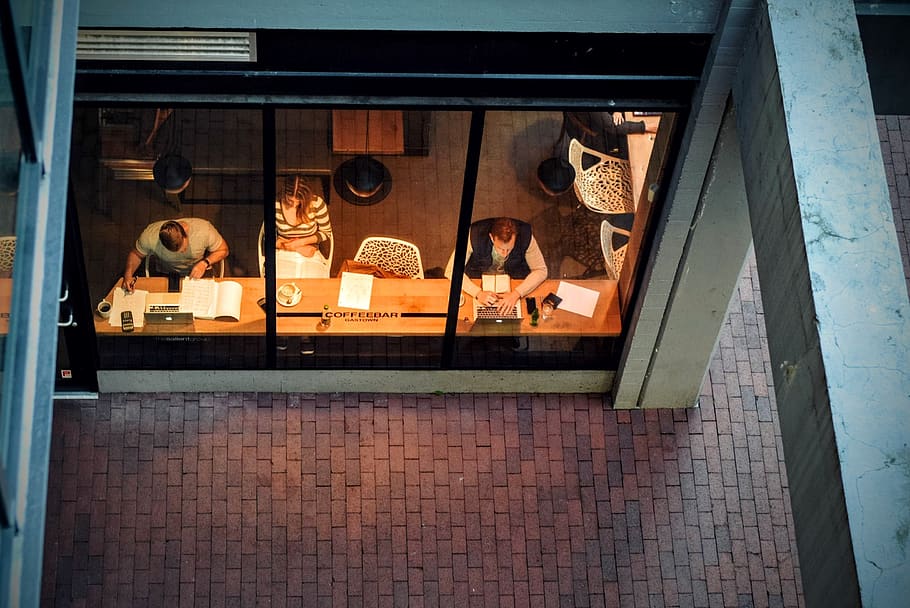 cafe, coffee shop, computers, wifi, out of office, working remotely, HD wallpaper