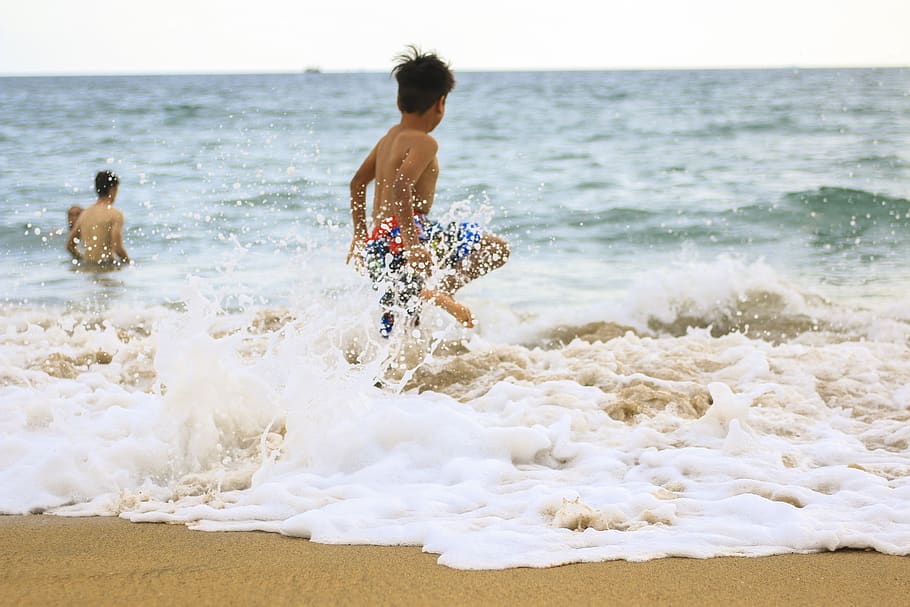 Photo of Boy Rushing Towards Sea, beach, child, enjoyment, foam HD wallpaper