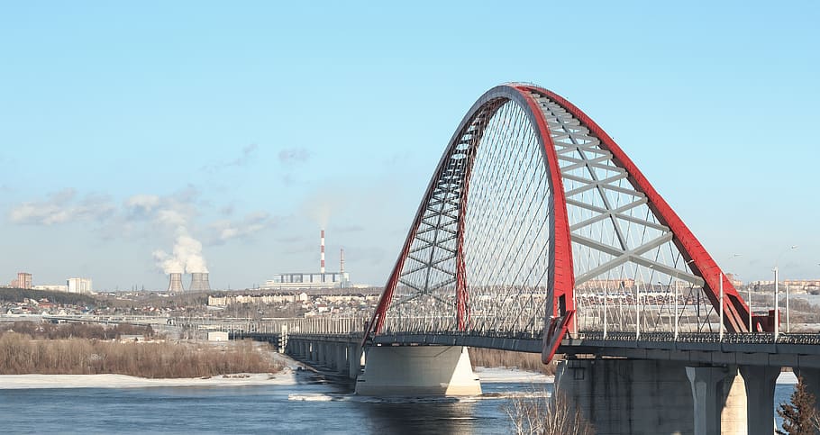 bridge, red bridge, arch, rods, winter, snow, bugrinskij, novosibirsk HD wallpaper