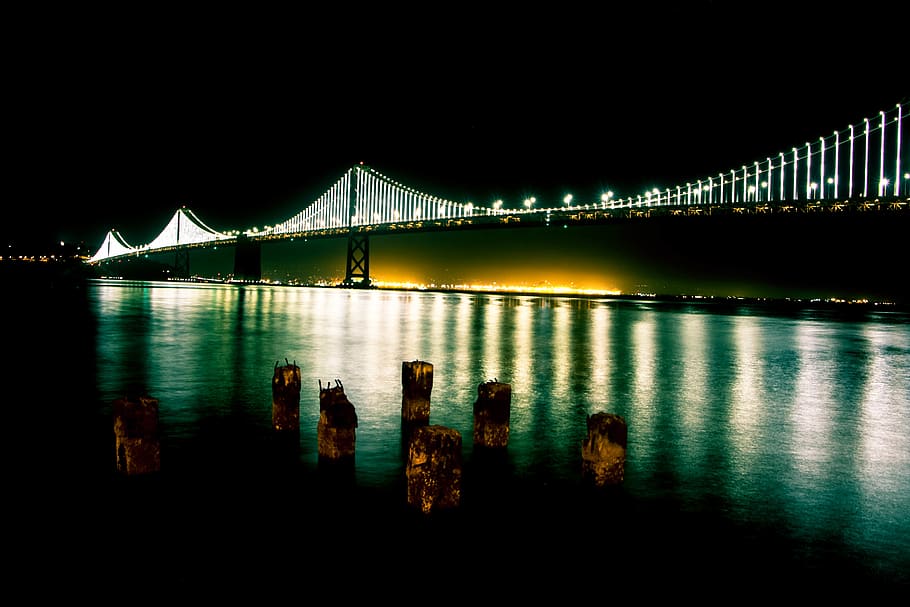 Black Bridge With Lights during Nighttime, bay, Bay Bridge, evening HD wallpaper