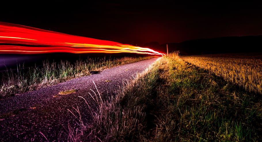 Photo OF Light Streaks, grass, long-exposure, night, road, transportation HD wallpaper