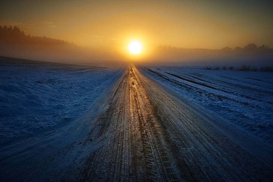 sunset on snow field, sky, cold temperature, winter, scenics - nature HD wallpaper