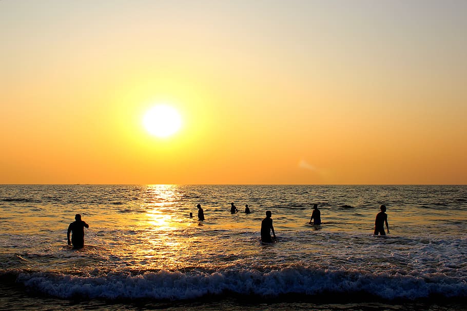 Photo of People On Beach During Sunset, backlit, dawn, horizon HD wallpaper