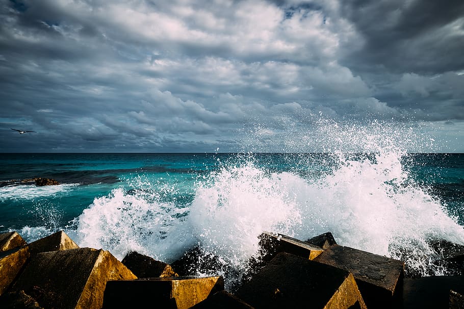 crash, foam, ocean, rocks, sea, seascape, seashore, splash, tide HD wallpaper