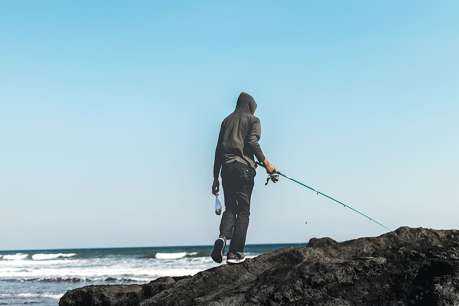 Person Fishing on Seashore, activity, adventure, back view, beach
