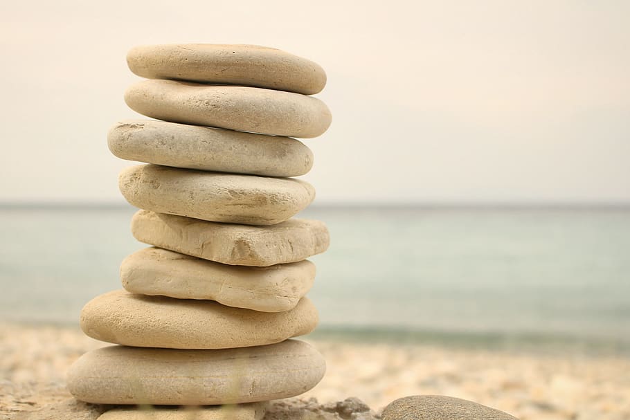 stack white stones on seashore, rock, balance, solid, stone - object HD wallpaper