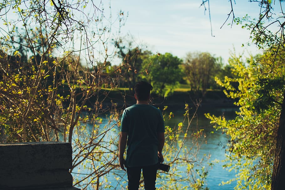 guy, man, photographer, camera, river, water, sunshine, fall HD wallpaper