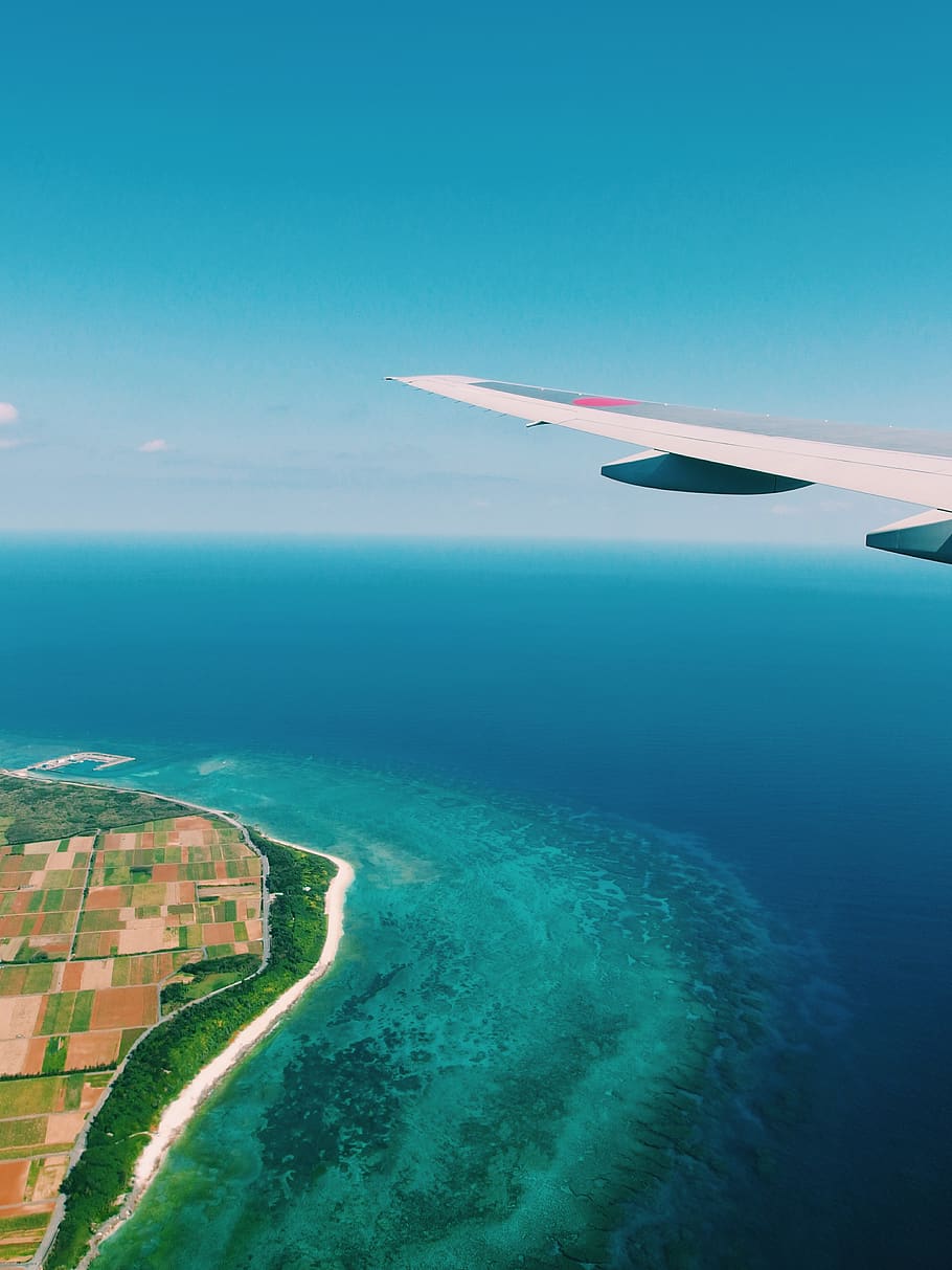 airplane wing, ocean, water, nature, aerial view, outdoors, landscape HD wallpaper
