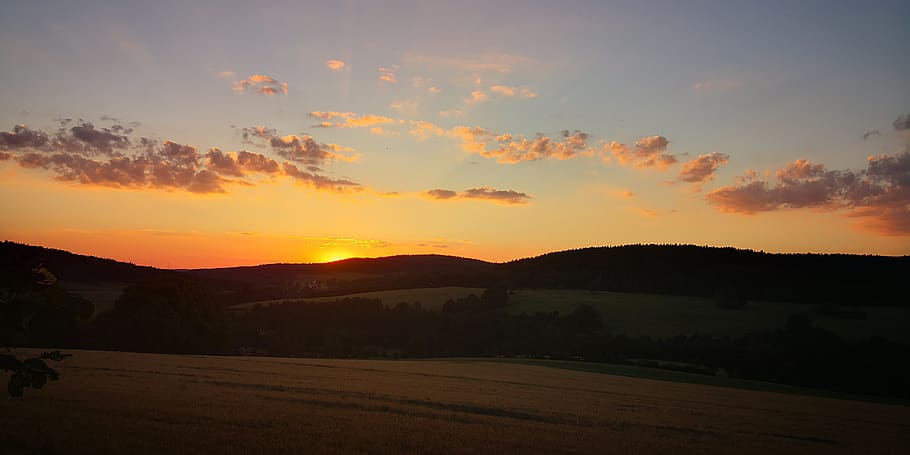 sky, landscape, sunset, rural, silhouettes, evening, beauty in nature HD wallpaper