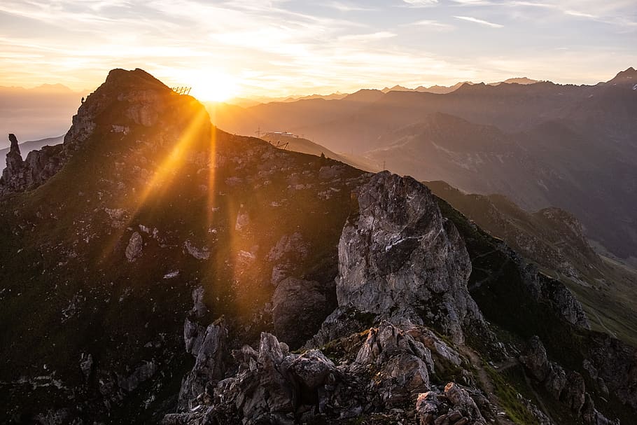mountain summit during sunrise, nature, light, sunlight, peak HD wallpaper