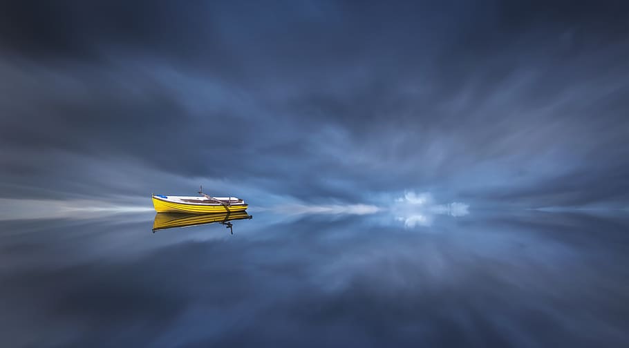 fantasy, boat, mirroring, water, sea, ocean, ship, sky, mood HD wallpaper