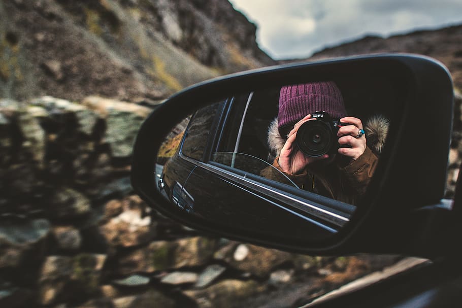 Person Holding Dslr Camera Reflected on Black Framed Wing Mirror HD wallpaper