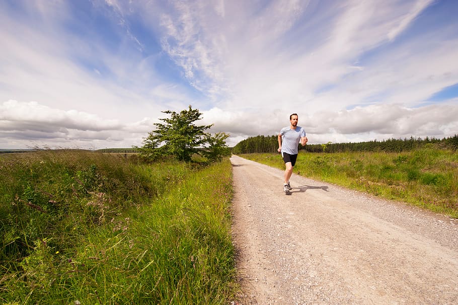 people, man, exercise, jogging, sport, run, road, green, grass HD wallpaper