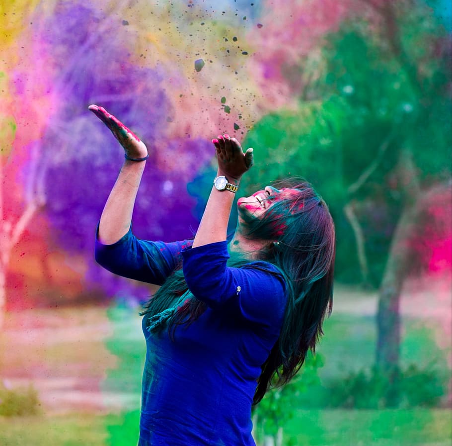 HD wallpaper: Woman Wearing Blue 3/4-sleeved Shirt Throwing Colored Powders  | Wallpaper Flare