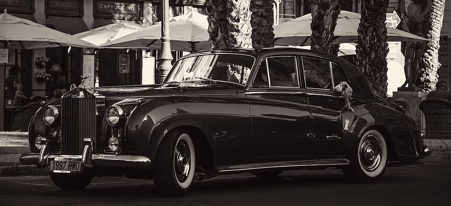 spain, wedding, rolls royce, beautiful, vehical, black and white HD wallpaper