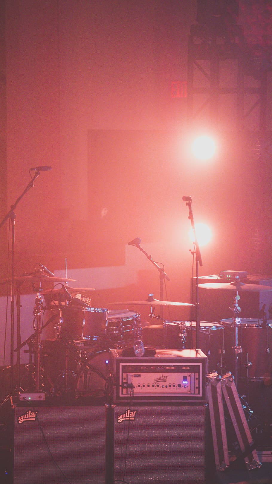 red drum set besides microphone stands, music, arts culture and entertainment HD wallpaper