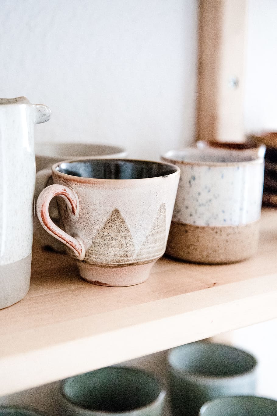 two white ceramic mug, cup, shelf, handmade, drink, beverage HD wallpaper
