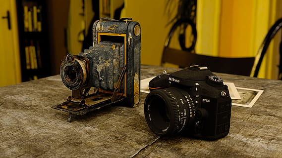 Antique Camera and New Nikon Camera, Old, SLR, capture, contrast HD wallpaper
