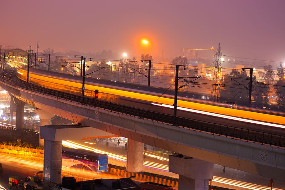 Timelapse Photo of Train, bridge, building, city, cityscape, delhi