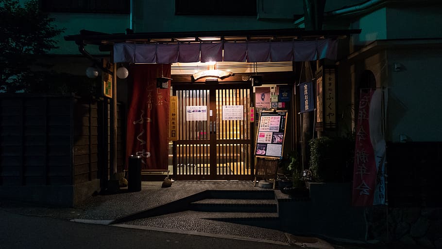 black metal gate, japan, atami, door, flooring, light, restaurant HD wallpaper