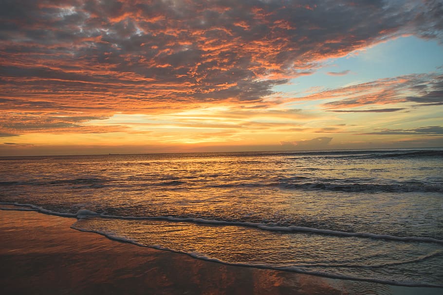 beach, cloudy, coast, dawn, dusk, horizon, nature, ocean, sand HD wallpaper