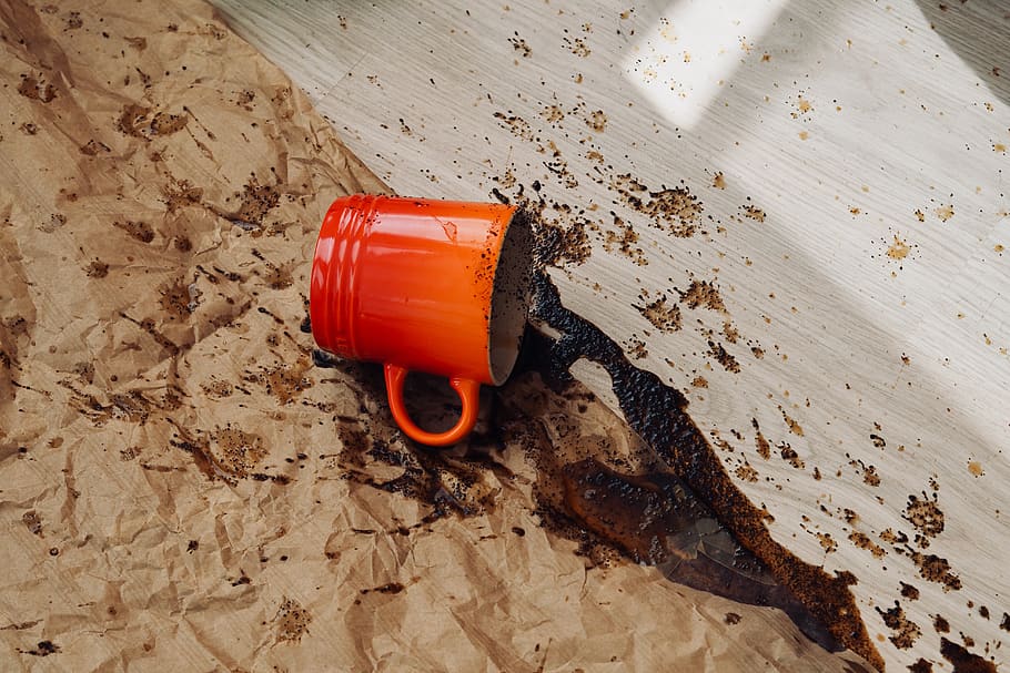 coffee, drink, orange, mug, spilled, liquid, stain, floor, mess HD wallpaper
