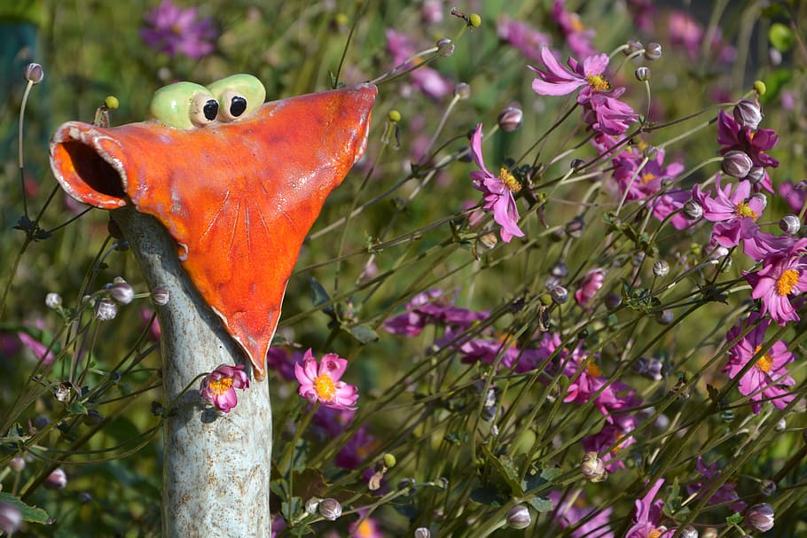 ceramic, bird, cock, red, green, funny, plant, flower, flowering plant HD wallpaper