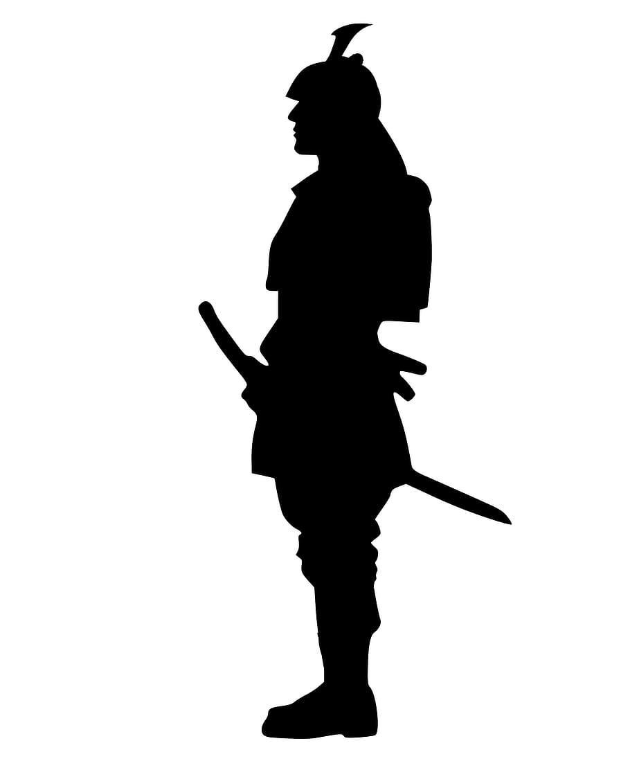 Illustration of samurai warrior in silhouette., sword, standing