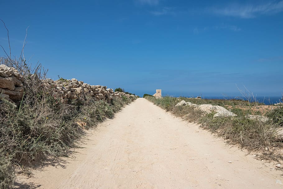 malta, countryside, spring, sun, road, dirt, dirt road, clear sky HD wallpaper