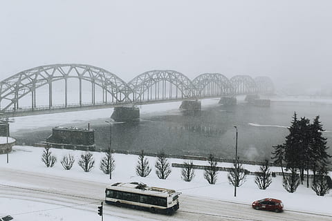 winter, riga, snow, snowing, city, latvia, bridge, bridge - man made structure HD wallpaper