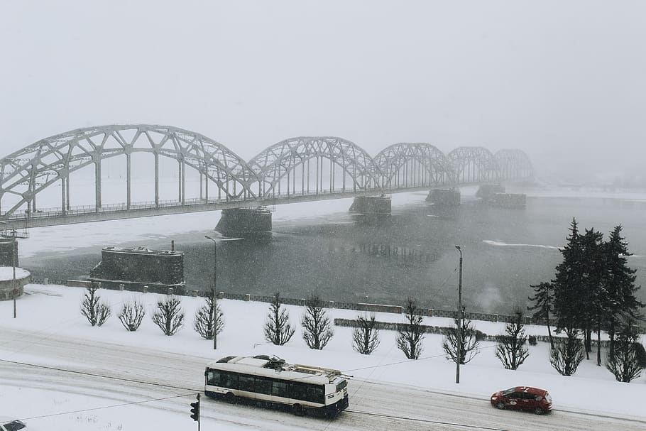 winter, riga, snow, snowing, city, latvia, bridge, bridge - man made structure, HD wallpaper