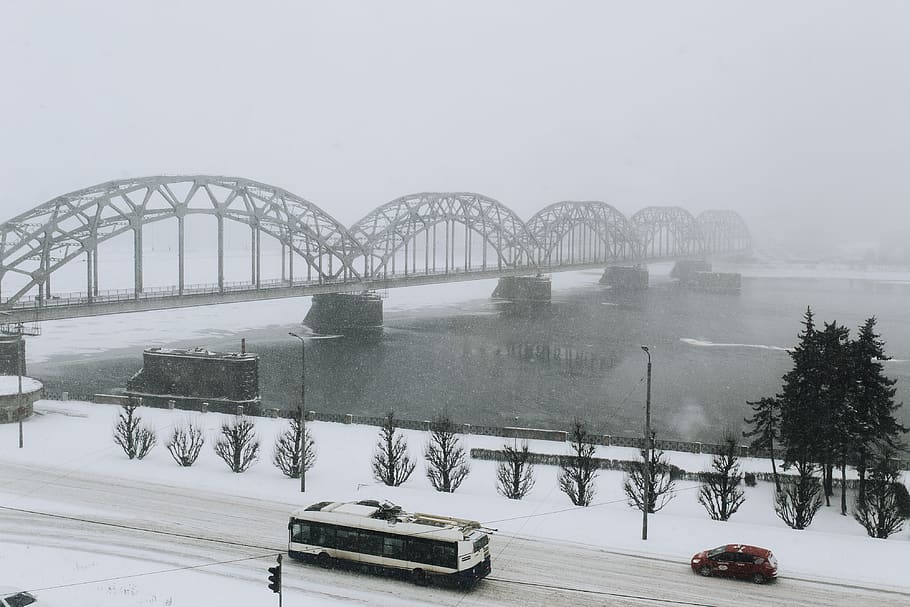 winter, riga, snow, snowing, city, latvia, bridge, bridge - man made structure HD wallpaper