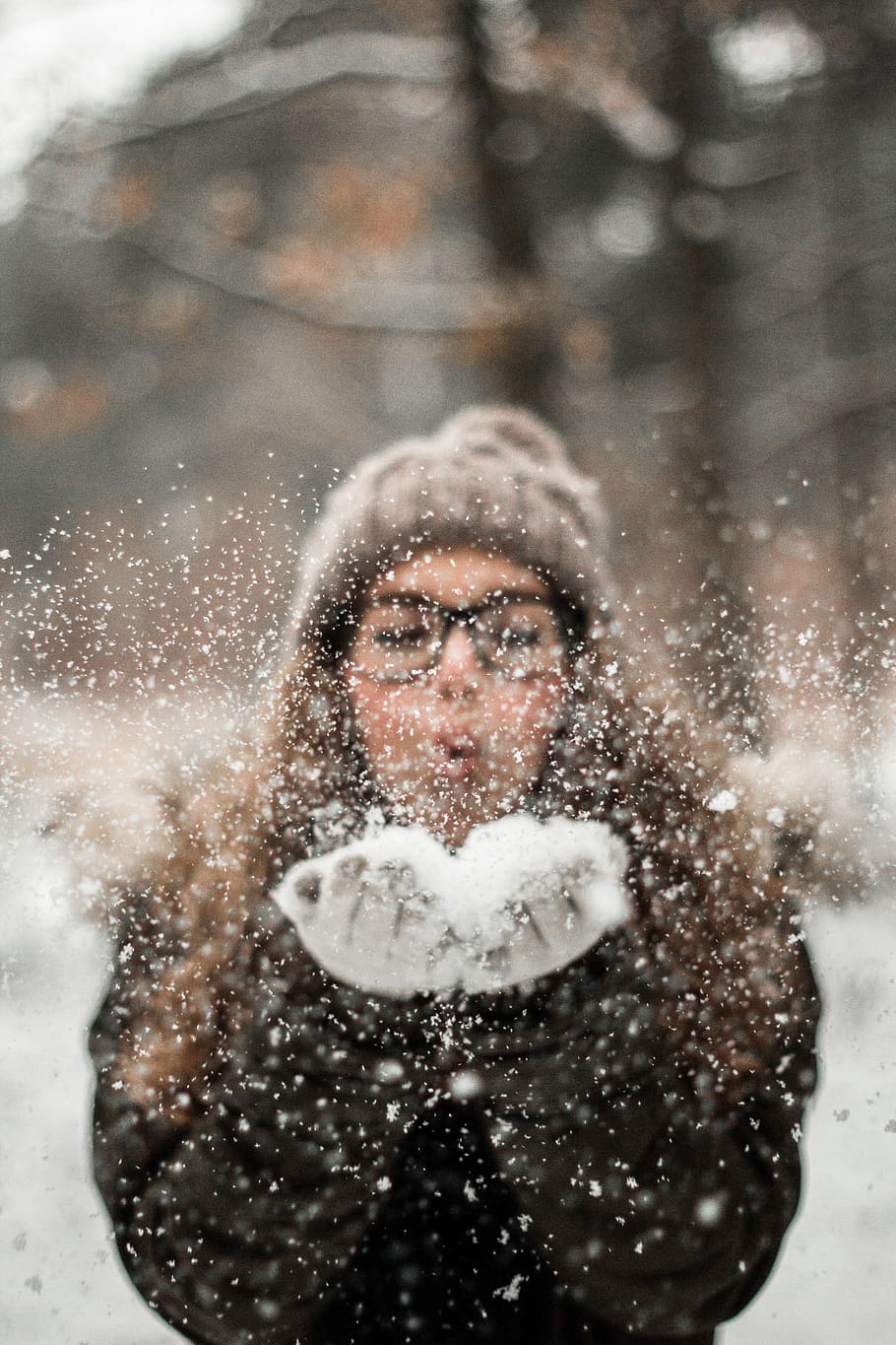 Woman Blowing Snow Outdoors, beanie, christmas, cold, daylight, HD wallpaper