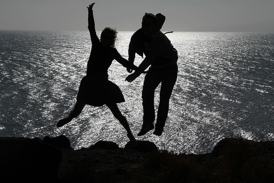 jump, sunset, bandw, black and white, contrast, horizon, ocean, HD wallpaper