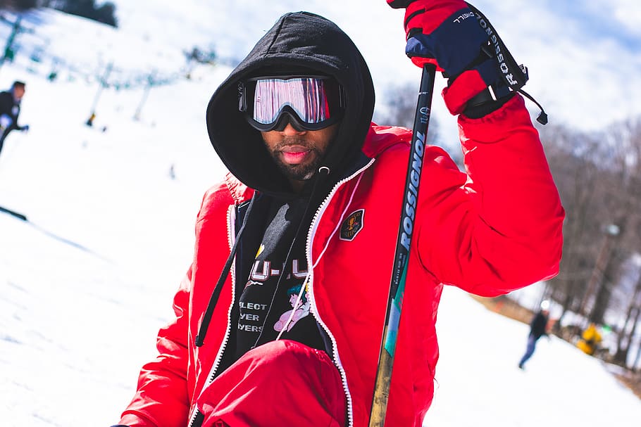 Man Wearing Googles and Holding Ski Pole, athlete, blurred background HD wallpaper