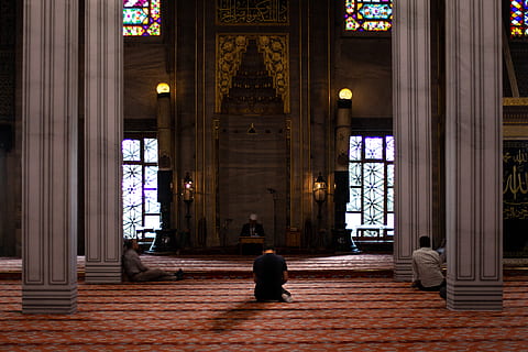 three men sitting inside mosque, istanbul, turkey, architecture HD wallpaper