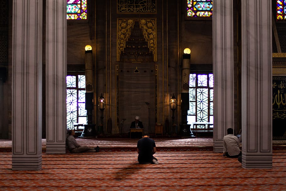 three men sitting inside mosque, istanbul, turkey, architecture HD wallpaper
