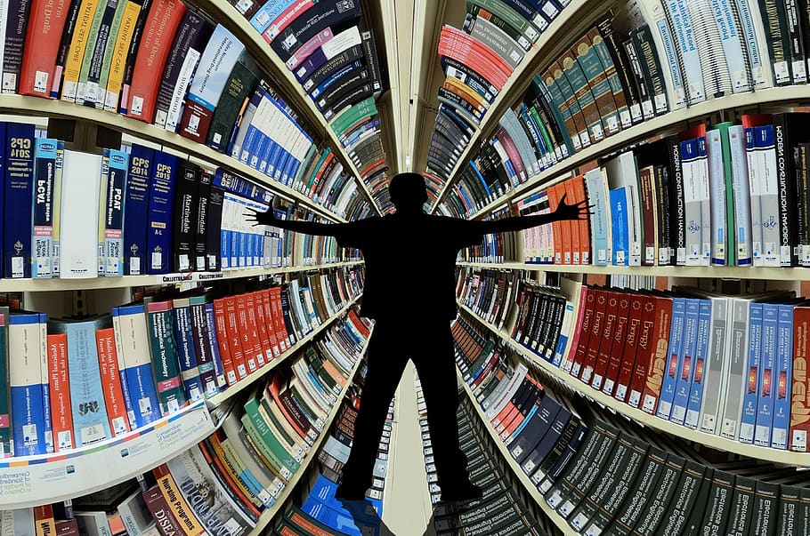 library, books, knowledge, information, bookshelves, man, silhouette, HD wallpaper