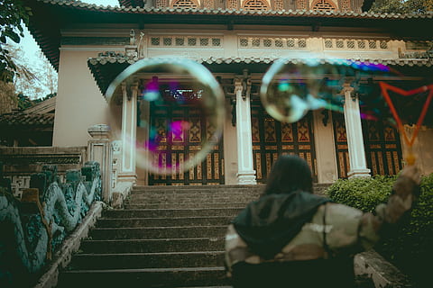 woman playing bubbles, banister, handrail, human, person, home decor HD wallpaper